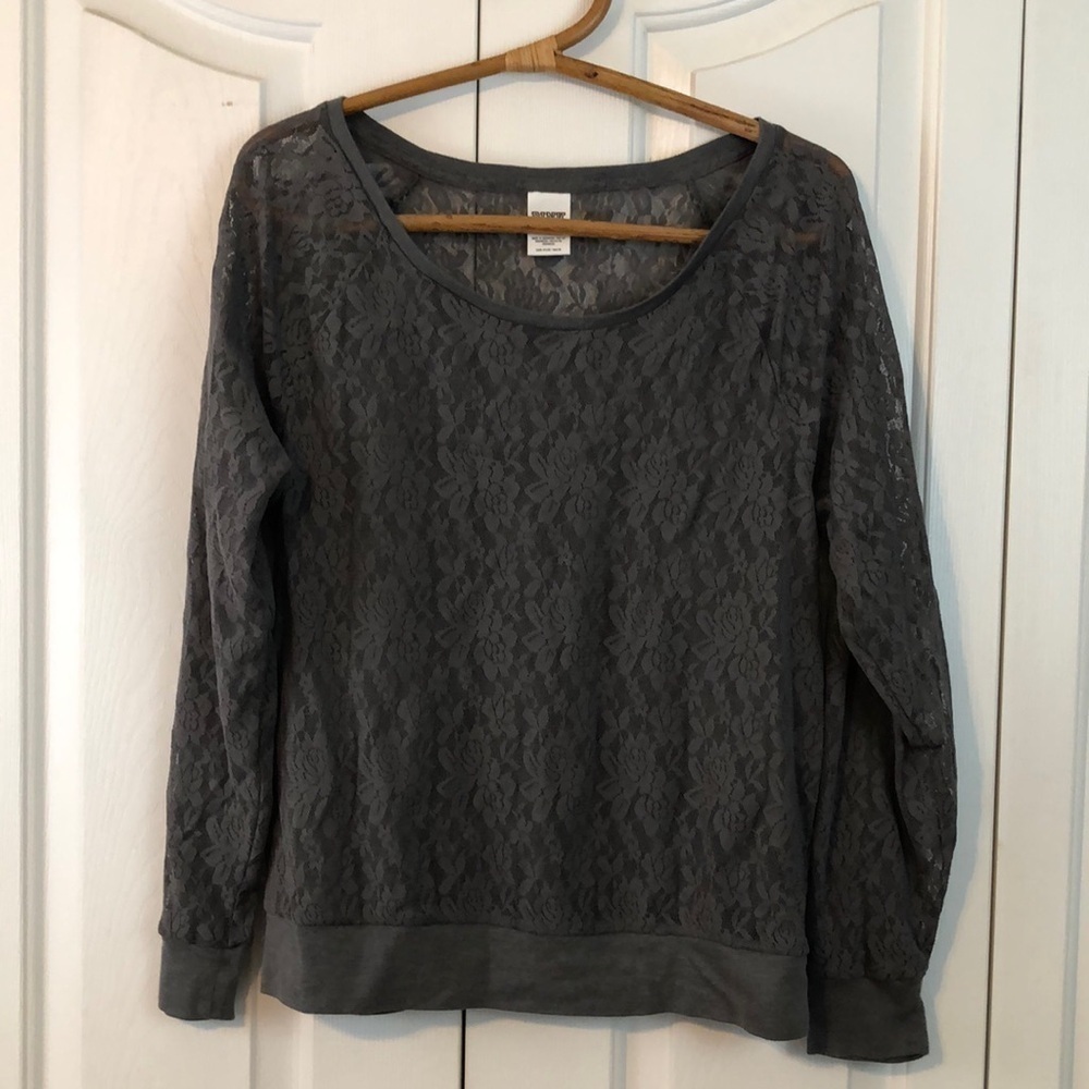 Victoria’s Secret Pink Sheer Lace Gray Long Sleeve Top Size Large